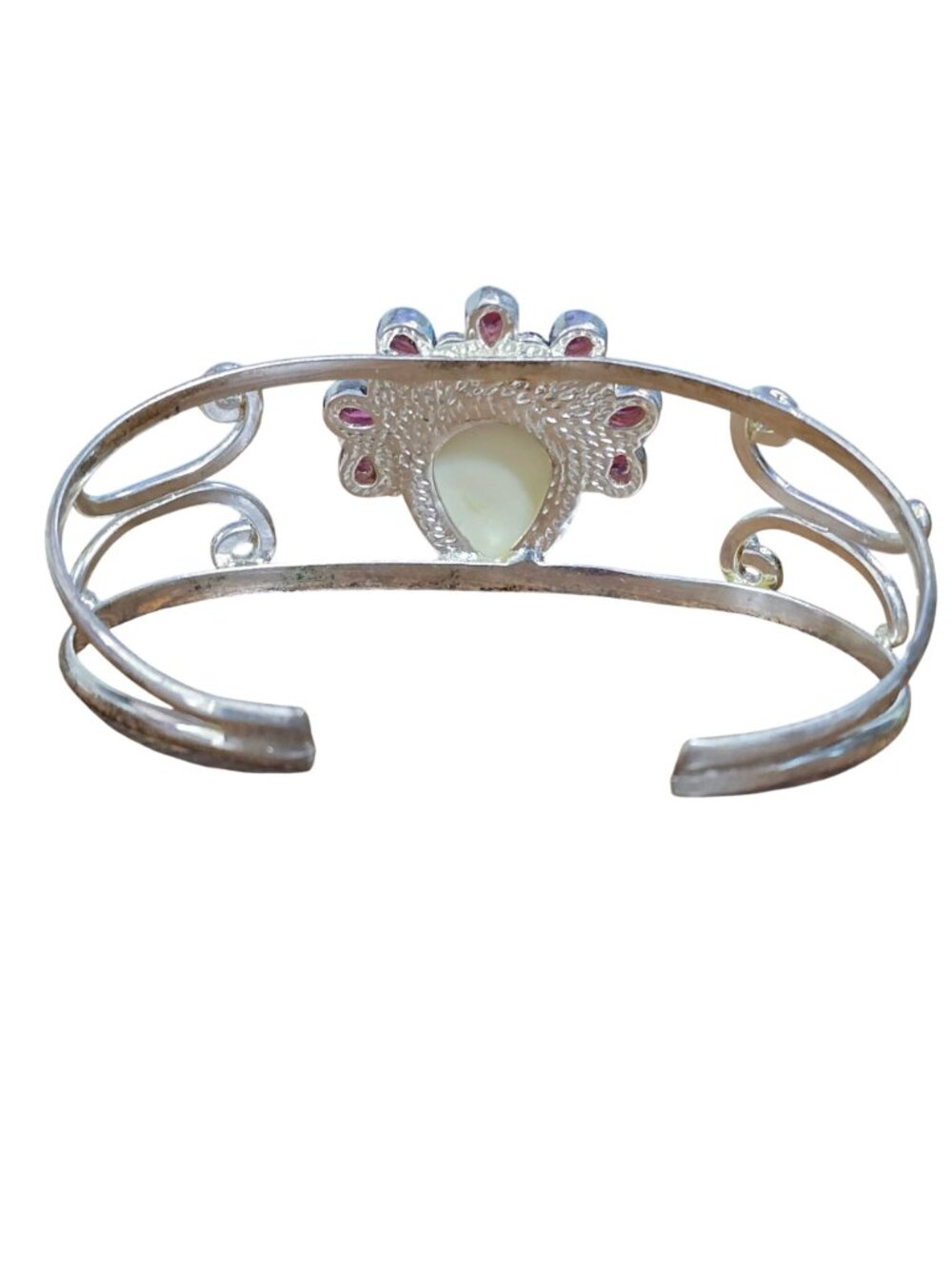 925 Sterling Silver Cuff Bracelet Red Stone Goddess Face Mask Open Bangle - Picture 8 of 9